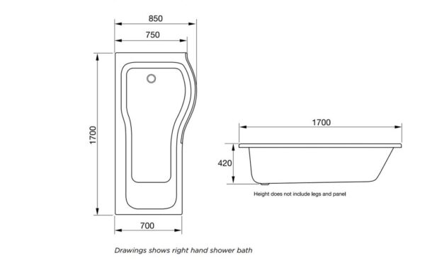 PBATH-R_LINEDRAWING_001 Right Hand P Shape Shower Bath