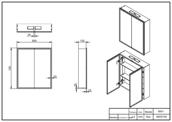 CABINET002_LINEDRAWING_002 Prospr LED Double Door Mirror with Bluetooth