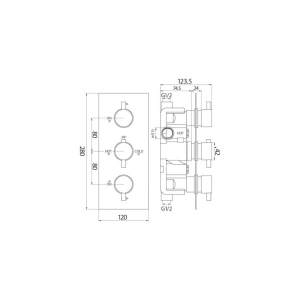CONCEALED008_LINEDRAWING_001 Chrome Triple Square Handle, 3 Outlet Concealed Valve with Diverter