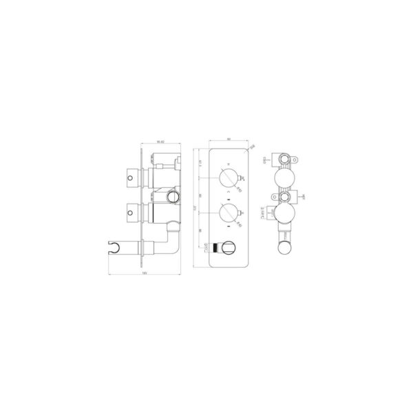 CONCEALED009_LINEDRAWING_001 Chrome Round Handle, 2 Outlet Concealed Valve with Diverter