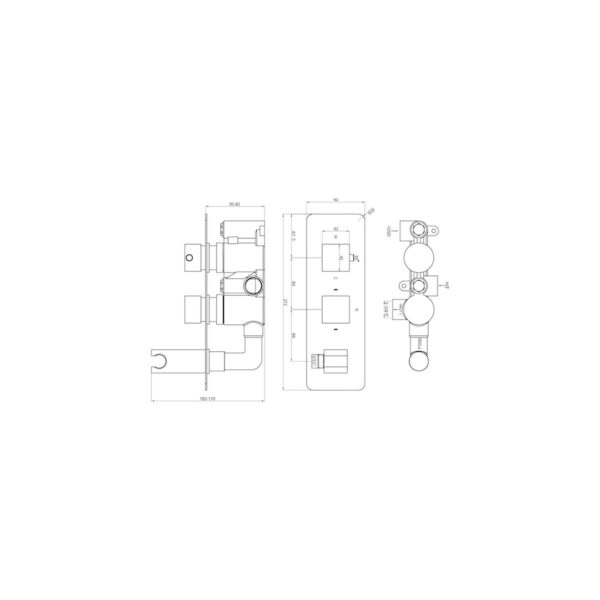CONCEALED010_LINEDRAWING_001 Chrome Square Handle, 2 Outlet Concealed Valve with Diverter
