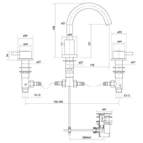 98.2036_1 Brass Meriden 3 Tap Hole Basin Mixer Tap Set Brushed